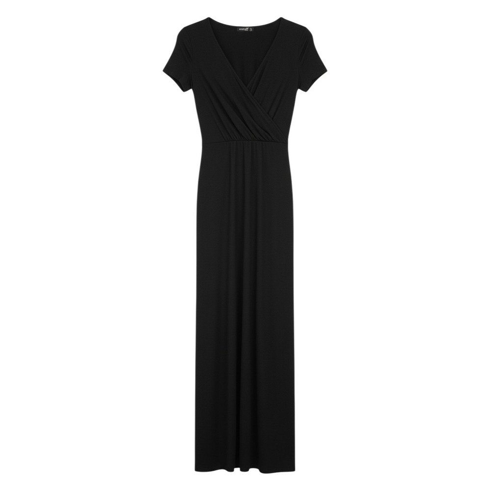 Popular Basics Maxi Dress Women S Black Short Sleeve Wrap Front V-Neck Stretch